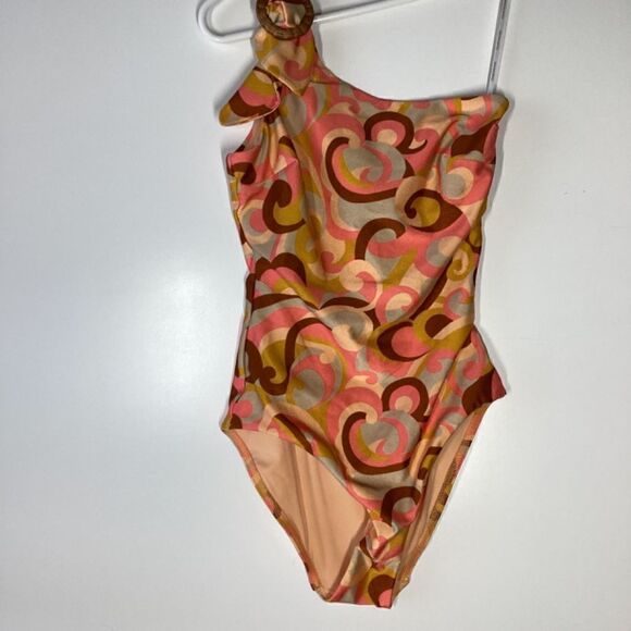 Zimmermann Mae Orange Swirl Print One-Shoulder Buckle Swimsuit NWT Size 4 - Picture 7 of 16